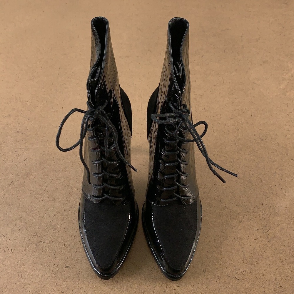 Shane Justin Women's Shoe Size 39 (US 8) Shiny Black Stiletto Lace Up Boots New - Picture 6 of 10